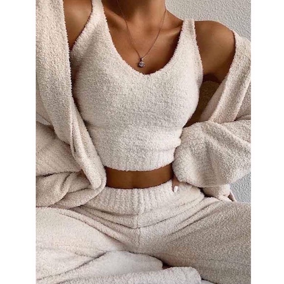 Nasty Gal Other - NWOT Nasty Gal Fuzzy 3 Piece Loungewear/Pajama Set Cardigan Crop Top Long Pants